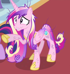 Size: 620x658 | Tagged: safe, screencap, character:princess cadance, species:alicorn, species:pony, episode:a canterlot wedding, g4, my little pony: friendship is magic, dishevelled, female, horn, raised hoof, wings