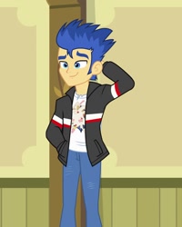 Size: 865x1080 | Tagged: safe, screencap, character:flash sentry, equestria girls:equestria girls, g4, my little pony:equestria girls, clothing, equestria girls movie, hand in pocket, jacket, pants, smiling, solo