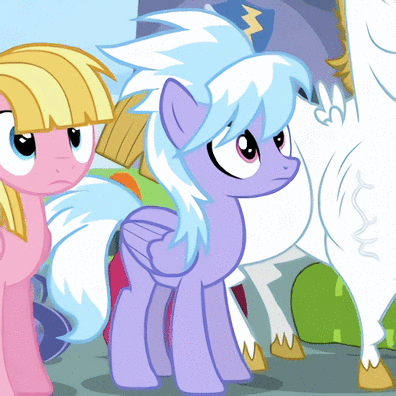 Size: 396x396 | Tagged: safe, screencap, character:bulk biceps, character:cloudchaser, character:meadow flower, species:pegasus, species:pony, episode:wonderbolts academy, animated, cropped, female, gasp, gif, male, mare, open mouth, solo focus, surprised