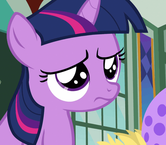 Size: 581x508 | Tagged: safe, screencap, character:twilight sparkle, species:pony, species:unicorn, episode:the cutie re-mark, animated, blinking, cute, egg, female, filly, floppy ears, frown, gif, looking down, sad, sitting, solo, spike's egg