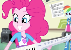 Size: 669x470 | Tagged: safe, screencap, character:pinkie pie, character:rainbow dash, episode:player piano, equestria girls:rainbow rocks, g4, my little pony:equestria girls, boots, clothing, cute, keytar, musical instrument, skirt, smiling, socks