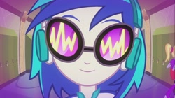 Size: 1100x618 | Tagged: safe, screencap, character:cloudy kicks, character:dj pon-3, character:vinyl scratch, episode:music to my ears, equestria girls:rainbow rocks, g4, my little pony:equestria girls, boot, cloudy kicks, glasses, headphones, lockers, rear view