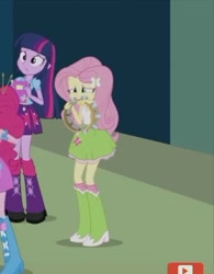 Size: 340x437 | Tagged: safe, screencap, character:fluttershy, character:pinkie pie, character:twilight sparkle, equestria girls:rainbow rocks, g4, my little pony:equestria girls, book, boots, bracelet, clothing, drumsticks, eyes rolling back, high heel boots, jewelry, leg warmers, leggings, musical instrument, scared, short skirt, skirt, socks, tambourine