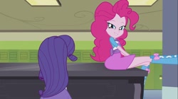 Size: 1100x618 | Tagged: safe, screencap, character:pinkie pie, character:rarity, episode:player piano, equestria girls:rainbow rocks, g4, my little pony:equestria girls, bedroom eyes, boots, canterlot high, clothing, cute, high heel boots, legs, lockers, out of context, piano, pinkie on a piano, raised leg, skirt