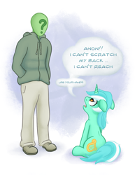 Size: 1081x1398 | Tagged: safe, artist:adequality, artist:mostazathy, character:lyra heartstrings, oc, oc:anon, species:human, species:pony, species:unicorn, behaving like a cat, cute, duo, female, floppy ears, frown, hand, horse problems, looking up, lyra doing lyra things, lyrabetes, mare, open mouth, scratching, simple background, that pony sure does love hands, white background