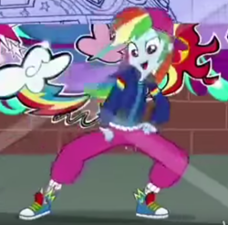 Size: 560x551 | Tagged: dead source, safe, screencap, character:rainbow dash, episode:get the show on the road, eqg summertime shorts, g4, my little pony:equestria girls, clothing, converse, graffiti, poor quality, rainbow dash always dresses in style, rap, rapper, rapper dash, sexy, shoes, watermark