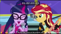 Size: 1366x768 | Tagged: safe, screencap, character:sunset shimmer, character:twilight sparkle, character:twilight sparkle (scitwi), species:eqg human, episode:get the show on the road, eqg summertime shorts, g4, my little pony:equestria girls, leak, bow tie, bus, cute, duo, electric guitar, eyes closed, flying v, glasses, guitar, lidded eyes, microphone, ponied up, russian, scitwilicorn, sunset shredder, the rainbooms tour bus, twiabetes, youtube link
