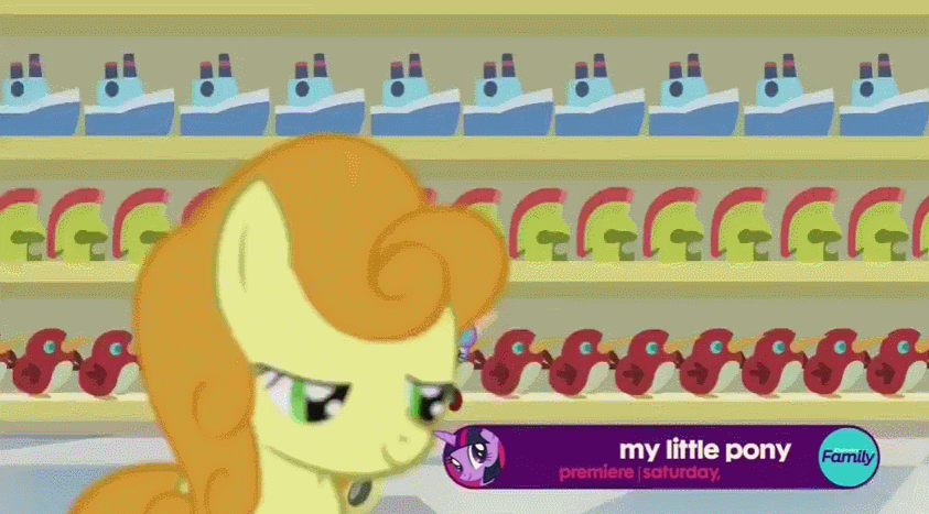 Size: 843x467 | Tagged: safe, screencap, character:carrot top, character:cherry berry, character:golden harvest, character:princess flurry heart, species:earth pony, species:pegasus, species:pony, episode:a flurry of emotions, g4, my little pony: friendship is magic, animated, animation error, cute, eyes closed, female, flurrybetes, foal, frown, gif, looking back, magic, mare, open mouth, race swap, shopping cart, smiling, supermarket, telekinesis, wheeeee