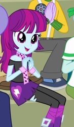 Size: 287x491 | Tagged: safe, screencap, character:captain planet, character:indigo wreath, character:microchips, character:mystery mint, equestria girls:friendship games, g4, my little pony:equestria girls, background human, boots, clothing, indigo wreath, pants, pantyhose, ripped pantyhose, scarf, shoes, skirt, smiling