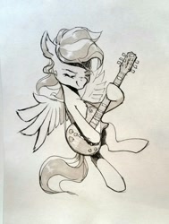 Size: 914x1212 | Tagged: safe, artist:hunternif, oc, oc only, oc:green string, species:pegasus, species:pony, electric guitar, eyes closed, guitar, monochrome, sketch, smiling, solo, traditional art