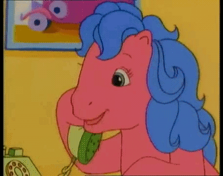 Size: 456x360 | Tagged: safe, screencap, character:melody, character:patch (g1), species:pony, episode:the impractical joker, g1, my little pony tales, animated, bipedal, cloth, crank call, excited, gif, hoof hold, laughing, prank, prank call, telephone