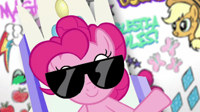 Size: 400x225 | Tagged: safe, official, screencap, character:applejack, character:fluttershy, character:pinkie pie, character:twilight sparkle, species:pony, animated, falling, fresh princess of friendship, gif, good trick, graffiti, gravity, pinkie physics denied, reality ensues, spinning, sunglasses, the fresh prince of bel-air, twilight's castle, youtube link