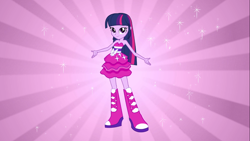 Size: 1366x768 | Tagged: safe, screencap, character:twilight sparkle, equestria girls:equestria girls, g4, my little pony:equestria girls, boots, fall formal outfits, high heel boots, looking at you, solo, sparkles, sunburst background, this is our big night, twilight ball dress
