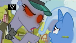Size: 983x557 | Tagged: safe, screencap, character:trixie, species:pony, episode:all bottled up, g4, my little pony: friendship is magic, anger magic, angry, clarity cut, discovery family logo, jeweler pony, magic, red eyes, tv-y