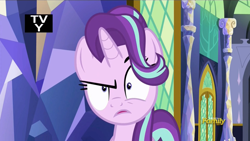 Size: 912x514 | Tagged: safe, screencap, character:starlight glimmer, species:pony, episode:all bottled up, g4, my little pony: friendship is magic, annoyed, discovery family logo, reaction image, solo, starlight is not amused, tv-y, twilight's castle, unamused