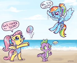 Size: 1200x984 | Tagged: safe, artist:mcponyponypony, character:fluttershy, character:rainbow dash, character:spike, species:dragon, species:pegasus, species:pony, alternate hairstyle, beach, beach volleyball, bipedal, clothing, namesake, ocean, one-piece swimsuit, sand, swimsuit, this will end in pain, volleyball