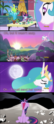 Size: 1920x4360 | Tagged: safe, artist:eagle1division, artist:mandydax, edit, edited screencap, screencap, character:princess celestia, character:twilight sparkle, character:twilight sparkle (unicorn), species:alicorn, species:pony, species:unicorn, episode:celestial advice, g4, my little pony: friendship is magic, absurd resolution, bad end, banishment, canterlot, comic, crying, dark comedy, female, filly, filly twilight sparkle, goggles, mare, moon, ocular gushers, open mouth, plant, sad, safety goggles, screencap comic, sitting, sunset, to the moon, volumetric mouth