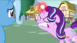 Size: 2560x1440 | Tagged: safe, screencap, character:starlight glimmer, character:trixie, species:pony, episode:all bottled up, g4, my little pony: friendship is magic, angry, glowing horn, ragelight glimmer, vein bulge
