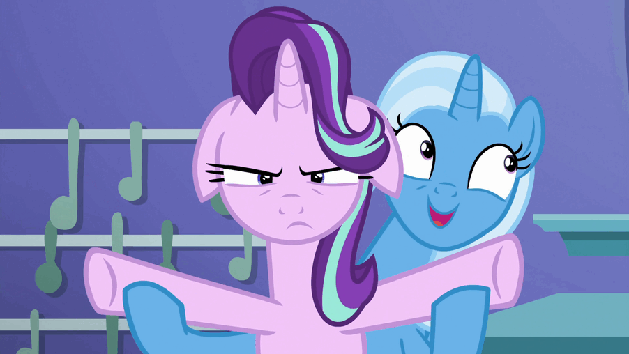 Size: 902x508 | Tagged: safe, screencap, character:starlight glimmer, character:trixie, species:pony, species:unicorn, episode:all bottled up, g4, my little pony: friendship is magic, animated, cute, diatrixes, duo, floppy ears, gif, inconvenient trixie, loop, starlight is not amused, trixie's puppeteering, unamused