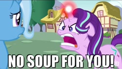 Size: 1280x720 | Tagged: safe, screencap, character:starlight glimmer, character:trixie, species:pony, episode:all bottled up, g4, my little pony: friendship is magic, angry, glowing horn, meme, no soup for you, ragelight glimmer, seinfeld, soup nazi, vein bulge