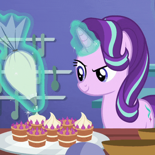 Size: 512x512 | Tagged: safe, screencap, character:starlight glimmer, species:pony, species:unicorn, episode:all bottled up, g4, my little pony: friendship is magic, animated, blinking, concentrating, cropped, cupcake, cute, female, food, gif, glimmerbetes, happy, icing bag, magic, solo, teacakes, telekinesis