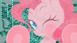 Size: 1920x1080 | Tagged: safe, artist:qpqp, artist:wakeforfakecake, edit, character:pinkie pie, against glass, close-up, cute, diapinkes, fourth wall, glass, looking at you, one eye closed, smiling, solo, squishy cheeks, underhoof, wallpaper, wallpaper edit, wink
