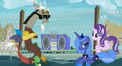 Size: 1628x881 | Tagged: safe, screencap, character:discord, character:princess luna, character:starlight glimmer, species:pony, boombox, fresh princess of friendship, prone, s1 luna, sunglasses