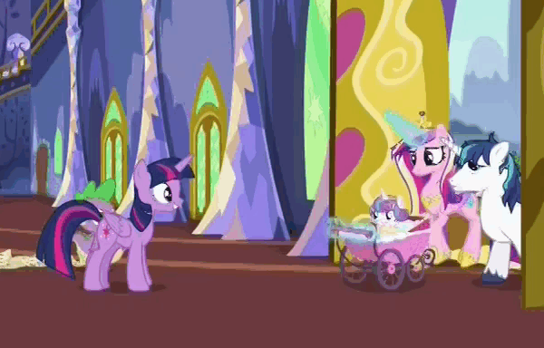 Size: 600x384 | Tagged: safe, screencap, character:princess cadance, character:princess flurry heart, character:shining armor, character:spike, character:twilight sparkle, character:twilight sparkle (alicorn), species:alicorn, species:dragon, species:pony, episode:a flurry of emotions, g4, my little pony: friendship is magic, animated, cute, gif, hop, twiabetes, twilight's castle