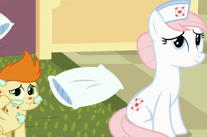 Size: 835x554 | Tagged: safe, screencap, character:nurse redheart, species:pony, episode:a flurry of emotions, g4, my little pony: friendship is magic, adoredheart, animated, animation error, cute, faint, gallop j. fry, gif, horsey hives, ponyville hospital