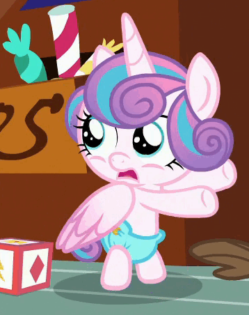 Size: 358x452 | Tagged: safe, screencap, character:pound cake, character:princess flurry heart, species:alicorn, species:pony, episode:a flurry of emotions, g4, my little pony: friendship is magic, animated, bipedal, cloth diaper, dancing, diaper, gif, loop, pointing, safety pin, sugarcube corner