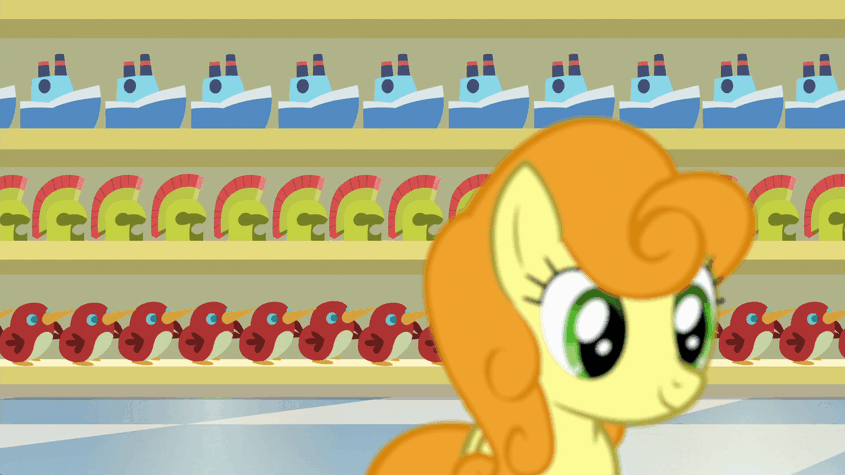 Size: 845x475 | Tagged: safe, screencap, character:carrot top, character:cherry berry, character:golden harvest, character:princess flurry heart, species:earth pony, species:pegasus, species:pony, episode:a flurry of emotions, g4, my little pony: friendship is magic, alicorn wings, animated, eyes closed, female, foal, frown, gif, looking back, magic, mare, open mouth, race swap, shopping cart, smiling, supermarket, telekinesis, wheeeee