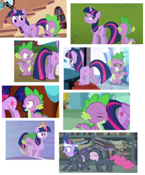 Size: 2160x2600 | Tagged: safe, screencap, character:pinkie pie, character:spike, character:twilight sparkle, character:twilight sparkle (alicorn), species:alicorn, species:dragon, species:pony, species:unicorn, faceful of ass, female, mare, plot, spike running into twilight's rear