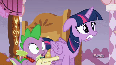 Size: 480x270 | Tagged: safe, screencap, character:spike, character:twilight sparkle, character:twilight sparkle (alicorn), species:alicorn, species:dragon, species:pony, episode:p.p.o.v. (pony point of view), g4, my little pony: friendship is magic, animated, discovery family logo, faec, gif, lip bite, quill, scroll, stare