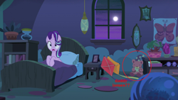 Size: 1920x1080 | Tagged: safe, screencap, character:starlight glimmer, species:pony, species:unicorn, episode:to where and back again, g4, my little pony: friendship is magic, bed, clothing, female, hat, image macro, in bed, kite, mare, meme, moon, red circle, starlight's room, teddy bear, theory, wizard hat