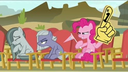 Size: 1920x1080 | Tagged: safe, screencap, character:limestone pie, character:marble pie, character:pinkie pie, species:pony, episode:rock solid friendship, g4, my little pony: friendship is magic, annoyed, foam finger, lidded eyes, nose wrinkle, pennant