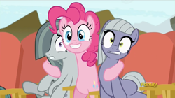 Size: 914x512 | Tagged: safe, screencap, character:limestone pie, character:marble pie, character:pinkie pie, species:pony, episode:rock solid friendship, g4, my little pony: friendship is magic, discovery family logo, hug