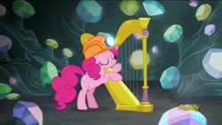 Size: 1920x1080 | Tagged: safe, screencap, character:pinkie pie, species:earth pony, species:pony, episode:rock solid friendship, g4, my little pony: friendship is magic, clothing, diagetic music, discovery family logo, gem, gem cave, hard hat, harp, hat, helmet, mine, mining helmet, musical instrument, solo