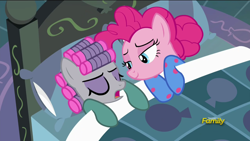 Size: 1920x1080 | Tagged: safe, screencap, character:maud pie, character:pinkie pie, species:pony, episode:rock solid friendship, g4, my little pony: friendship is magic, clothing, discovery family logo, footed sleeper, hair curlers, pajamas