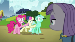 Size: 1920x1088 | Tagged: safe, screencap, character:bon bon, character:lyra heartstrings, character:maud pie, character:pinkie pie, character:sweetie drops, species:pony, episode:rock solid friendship, g4, my little pony: friendship is magic, bon bon is not amused, butt touch, discovery family logo, hoof on butt, pushing, rump push, unamused