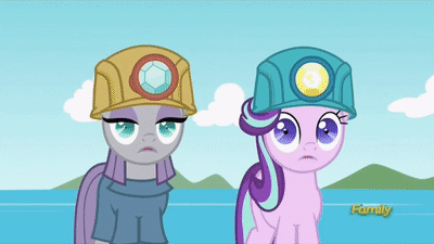 Size: 400x225 | Tagged: safe, screencap, character:maud pie, character:starlight glimmer, species:pony, episode:rock solid friendship, g4, my little pony: friendship is magic, animated, backdrop, camera flashes, clothing, dilated pupils, discovery family logo, gif, hard hat, hat, helmet, mining helmet, shrunken pupils