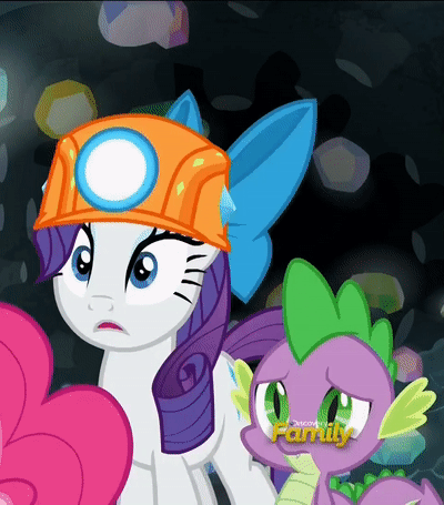 Size: 400x455 | Tagged: safe, screencap, character:pinkie pie, character:rarity, character:spike, species:dragon, species:earth pony, species:pony, species:unicorn, episode:rock solid friendship, g4, my little pony: friendship is magic, animated, bow, clothing, comforting, cropped, crying, discovery family logo, eye shimmer, female, floppy ears, gem, gif, hair bow, hard hat, hat, helmet, lip bite, male, mare, marshmelodrama, mining helmet, sad, teary eyes