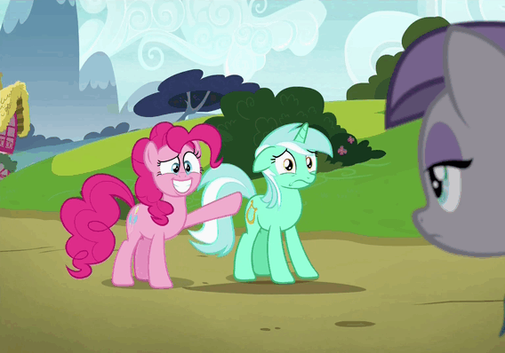 Size: 568x398 | Tagged: safe, screencap, character:bon bon, character:lyra heartstrings, character:maud pie, character:pinkie pie, character:sweetie drops, species:earth pony, species:pony, species:unicorn, episode:rock solid friendship, g4, my little pony: friendship is magic, animated, bon bon is not amused, butt touch, carrying, eye twitch, faec, female, floppy ears, frown, gif, glare, grin, holding a pony, hoof on butt, loop, mare, open mouth, pointing, protecting, pushing, raised hoof, rump push, shipping fuel, smiling, squee, unamused, wide eyes