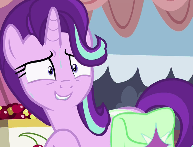 Size: 660x503 | Tagged: safe, screencap, character:maud pie, character:starlight glimmer, species:earth pony, species:pony, species:unicorn, episode:rock solid friendship, g4, my little pony: friendship is magic, animated, female, gif, loop, mare, sweat