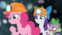 Size: 1366x768 | Tagged: safe, screencap, character:pinkie pie, character:rarity, character:spike, species:dragon, episode:rock solid friendship, g4, my little pony: friendship is magic, clothing, comforting, cropped, crying, discovery family logo, floppy ears, gem, hard hat, hat, helmet, marshmelodrama, mine, mining helmet, sweat, teary eyes