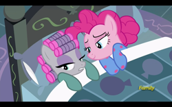 Size: 1920x1200 | Tagged: safe, screencap, character:maud pie, character:pinkie pie, species:pony, episode:rock solid friendship, g4, my little pony: friendship is magic, clothing, discovery family logo, hair curlers, lidded eyes, pajamas