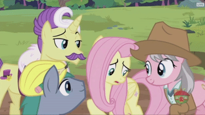 Size: 400x225 | Tagged: safe, screencap, character:dandy grandeur, character:fluttershy, character:hard hat, character:wrangler, species:pony, episode:fluttershy leans in, g4, my little pony: friendship is magic, angry, animated, clothing, gif, hard hat, hat, skunk stripe, spread wings, wings