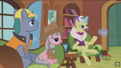 Size: 1366x768 | Tagged: safe, screencap, character:dandy grandeur, character:hard hat, character:wrangler, species:pony, episode:fluttershy leans in, g4, my little pony: friendship is magic, cup, magic, teacup, telekinesis, tray