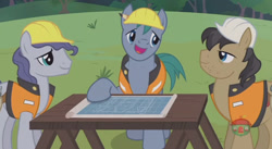 Size: 844x462 | Tagged: safe, screencap, character:hard hat, species:pony, episode:fluttershy leans in, g4, my little pony: friendship is magic, blueprint, construction pony, grass field, hard hat, hat, jack hammer, pencil, steam roller (character), table, treehouse logo