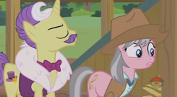 Size: 844x462 | Tagged: safe, screencap, character:dandy grandeur, character:wrangler, species:pony, episode:fluttershy leans in, g4, my little pony: friendship is magic, angry, insulted, skunk stripe