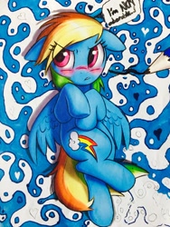 Size: 1024x1365 | Tagged: dead source, safe, artist:captainpudgemuffin, artist:project-parallel, artist:whitediamonds, character:rainbow dash, species:pegasus, species:pony, abstract background, blatant lies, blushing, cute, dashabetes, i'm not cute, on back, pencil, solo, trace, traditional art, tsunderainbow, tsundere